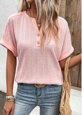 Dusty Pink tops,Plain Color tops,ROTITA Button Dusty Pink Split Neck Short Sleeve Blouse