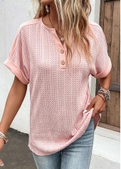 Dusty Pink tops,Plain Color tops,ROTITA Button Dusty Pink Split Neck Short Sleeve Blouse