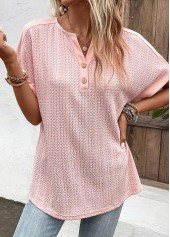 Dusty Pink tops,Plain Color tops,ROTITA Button Dusty Pink Split Neck Short Sleeve Blouse
