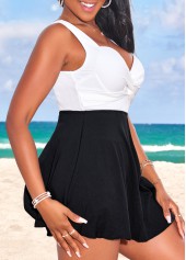White swimwear,Black swimwear,Plain Color swimwear,ROTITA Twist Patchwork Flowy White Swimdress Top
