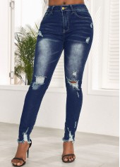 Denim Blue bottoms,Plain Color bottoms,Hole Denim Blue Skinny Zipper Fly Jeans
