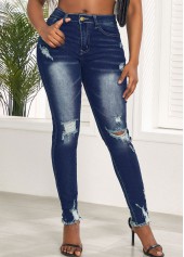 Denim Blue bottoms,Plain Color bottoms,Hole Denim Blue Skinny Zipper Fly Jeans