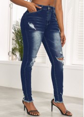 Denim Blue bottoms,Plain Color bottoms,Hole Denim Blue Skinny Zipper Fly Jeans