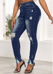 Hole Denim Blue Skinny Zipper Fly Jeans