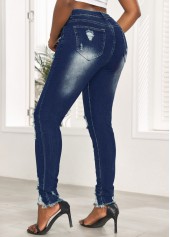 Denim Blue bottoms,Plain Color bottoms,Hole Denim Blue Skinny Zipper Fly Jeans