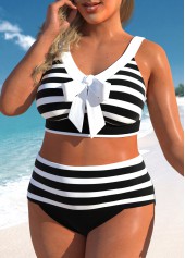 Black plus size,White plus size,Striped plus size,ROTITA Plus Size Bowknot Striped Black Bikini Top