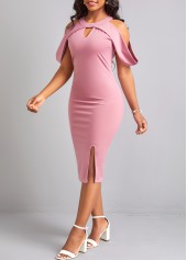 Pink dresses,Plain Color dresses,Party dresses,Elegant dresses,Cut Out Pink Round Neck Bodycon Dress