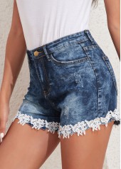 Denim Blue bottoms,Plain Color bottoms,Lace Denim Blue Skinny Zipper Fly Shorts