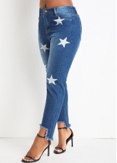 Denim Blue bottoms,Galaxy bottoms,Pocket Star Print Denim Blue Regular Jeans