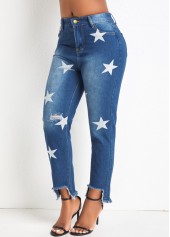 Denim Blue bottoms,Galaxy bottoms,Pocket Star Print Denim Blue Regular Jeans