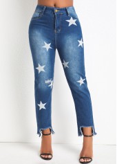 Pocket Star Print Denim Blue Regular Jeans