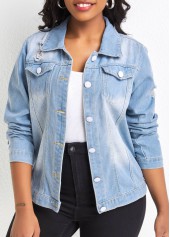 Light Blue outerwear & coats,Plain Color outerwear & coats,Pocket Light Blue Shirt Collar Long Sleeve Jacket