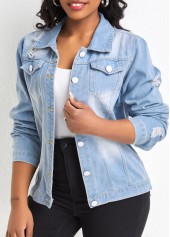 Light Blue outerwear & coats,Plain Color outerwear & coats,Pocket Light Blue Shirt Collar Long Sleeve Jacket