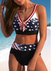 Navy swimwear,Flag swimwear,Striped swimwear,ROTITA Bowknot Navy American Flag Print Bikini Set