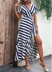 Tie Striped Navy V Neck Maxi Dress
