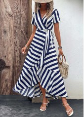 Navy dresses,White dresses,Striped dresses,Geometric dresses,Tie Striped Navy V Neck Maxi Dress