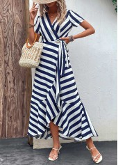 Navy dresses,White dresses,Striped dresses,Geometric dresses,Tie Striped Navy V Neck Maxi Dress