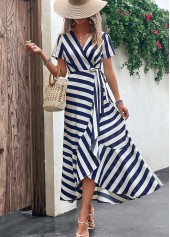 Navy dresses,White dresses,Striped dresses,Geometric dresses,Tie Striped Navy V Neck Maxi Dress