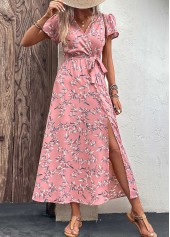 Pink dresses,Plants dresses,Vacation dresses,Vacation dresses,Split Leaf Print Pink Belted Maxi Dress