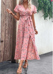 Pink dresses,Plants dresses,Vacation dresses,Vacation dresses,Split Leaf Print Pink Belted Maxi Dress