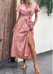 Pink dresses,Plants dresses,Vacation dresses,Vacation dresses,Split Leaf Print Pink Belted Maxi Dress