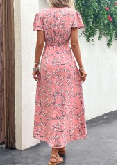Pink dresses,Plants dresses,Vacation dresses,Vacation dresses,Split Leaf Print Pink Belted Maxi Dress