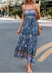 Multi Color dresses,Floral dresses,Striped dresses,Tribal dresses,Smocked Floral Print Multi Color Belted Maxi Dress