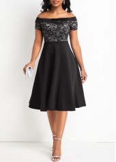 Black dresses,Plain Color dresses,Lace Black Off Shoulder Short Sleeve Dress