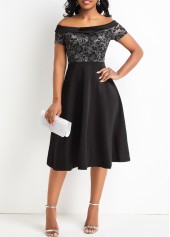 Black dresses,Plain Color dresses,Lace Black Off Shoulder Short Sleeve Dress