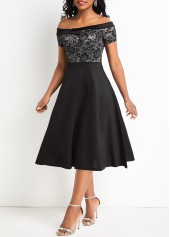 Black dresses,Plain Color dresses,Lace Black Off Shoulder Short Sleeve Dress