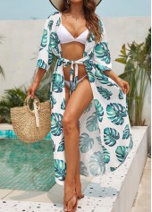 White swimwear,Plants swimwear,Tie White Leaf Print Cover Up