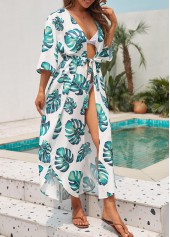 White swimwear,Plants swimwear,Tie White Leaf Print Cover Up