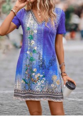 Purple dresses,Floral dresses,Tribal dresses,Ombre dresses,Plants dresses,Everyday dresses,Casual dresses,Lightweight Floral Print Purple Short V Neck Dress