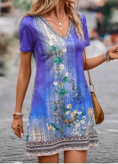 Purple dresses,Floral dresses,Tribal dresses,Ombre dresses,Plants dresses,Everyday dresses,Casual dresses,Lightweight Floral Print Purple Short V Neck Dress