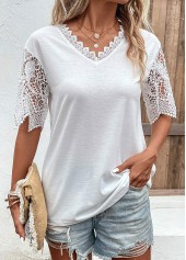Lace White V Neck Short Sleeve T Shirt