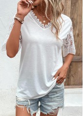 White tops,Plain Color tops,Lace White V Neck Short Sleeve T Shirt