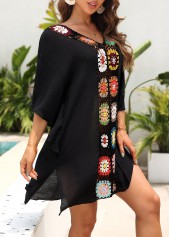 Black swimwear,Plain Color swimwear,Patchwork V Neck Black Cover Up