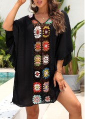 Black swimwear,Plain Color swimwear,Patchwork V Neck Black Cover Up