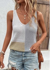 Grey tops,Contrast Color tops,Patchwork Grey V Neck Sweater Vest