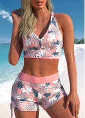 Pink swimwear,Floral swimwear,Plants swimwear,ROTITA Criss Cross Pink Floral Print Tankini Set