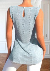 Dusty Blue tops,Plain Color tops,ROTITA Patchwork Dusty Blue Round Neck Tank Top