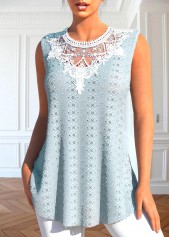 Dusty Blue tops,Plain Color tops,ROTITA Patchwork Dusty Blue Round Neck Tank Top