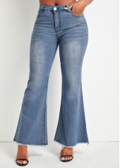 Denim Blue bottoms,Plain Color bottoms,Pocket Denim Blue Flare Leg Zipper Fly Jeans