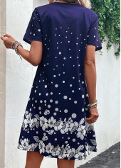 Navy dresses,Floral dresses,Plants dresses,Dot dresses,Cut Out Floral Print Navy H Shape Dress
