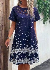 Navy dresses,Floral dresses,Plants dresses,Dot dresses,Cut Out Floral Print Navy H Shape Dress