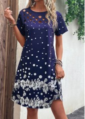 Cut Out Floral Print Navy H Shape Dress