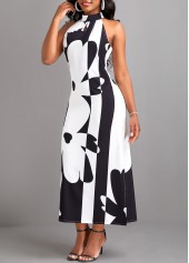 Black dresses,White dresses,Floral dresses,Plants dresses,Geometric dresses,ROTITA Split Floral Print Black A Line Maxi Dress