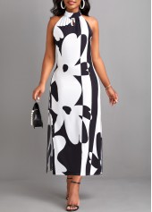 Black dresses,White dresses,Floral dresses,Plants dresses,Geometric dresses,ROTITA Split Floral Print Black A Line Maxi Dress