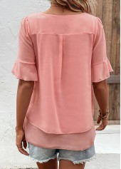Pink tops,Plain Color tops,Layered Pink Round Neck Short Sleeve Blouse
