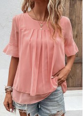 Pink tops,Plain Color tops,Layered Pink Round Neck Short Sleeve Blouse
